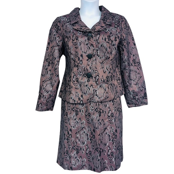 Monroe & Main Shimmer Jacquard Mesh Brown Business Formal Church Skirt Suit